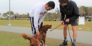 Tow student play with a dog at an off campus life event.